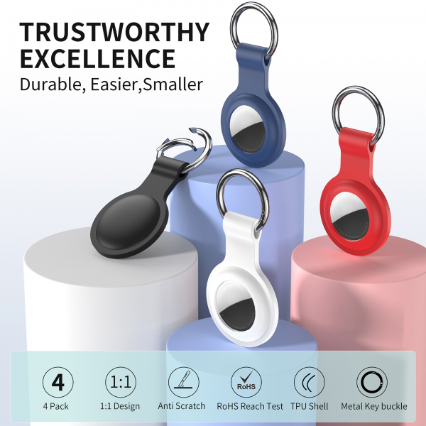 Aimtel 4 Stück für Apple Air Tag Schlüsselanhänger，Silikon Air Tag Hülle mit Kratzfest & Stoßfest für Air Tag Kinder，Air Tag Anhänger für Apple Tracker für Schlüssel, Koffer & Tasche