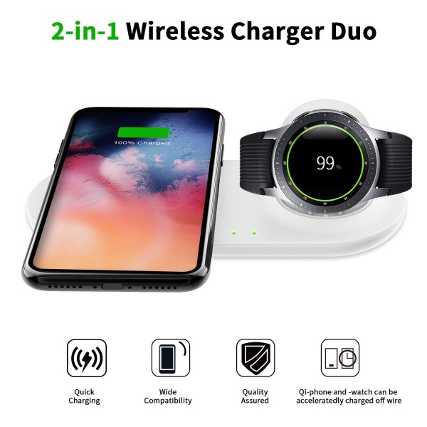 Aimtel Compatible for 2 in 1 Wireless Charger Duo, Fast Charging Stand&Pad for Qi Enabled Phones Galaxy S10e/S10/S10+/Note 9 & Select Galaxy Watches 42mm/46mm/Gear S3/Gear Sport (White) 