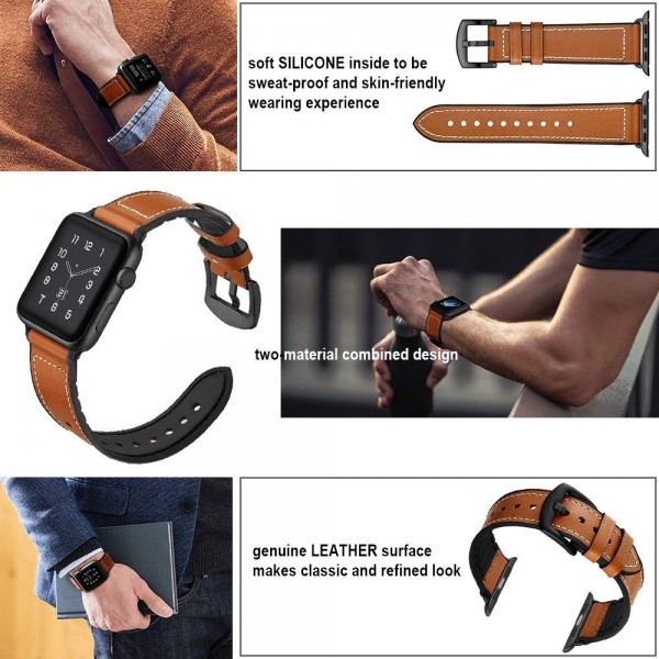 Aimtel Hybrid Rubber Leather Sports Bands Compatible with Sweat Proof Silicone Vintage Apple Watch Band iwatch Series 4 40mm,Series 1 2 3 38mm Nike Sport and Edition (Brown) (40mm(38mm)) (44mm)